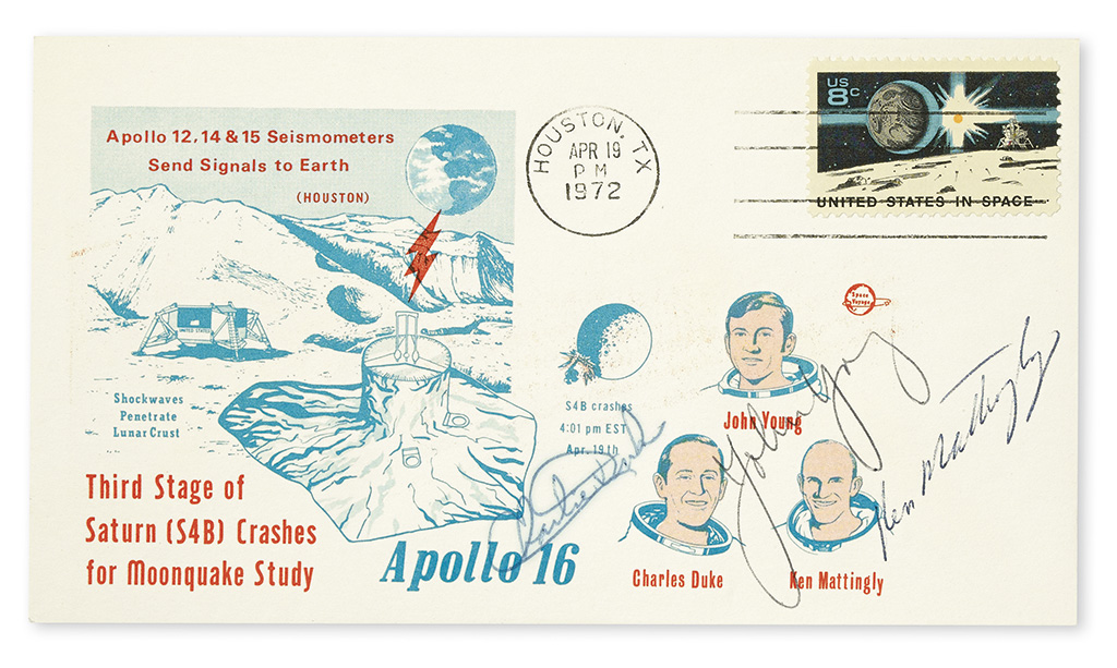 (ASTRONAUTS--APOLLO 16.) First Day Cover, commemorating the deliberate crashing of the Saturns third stage into the Moon to study seis